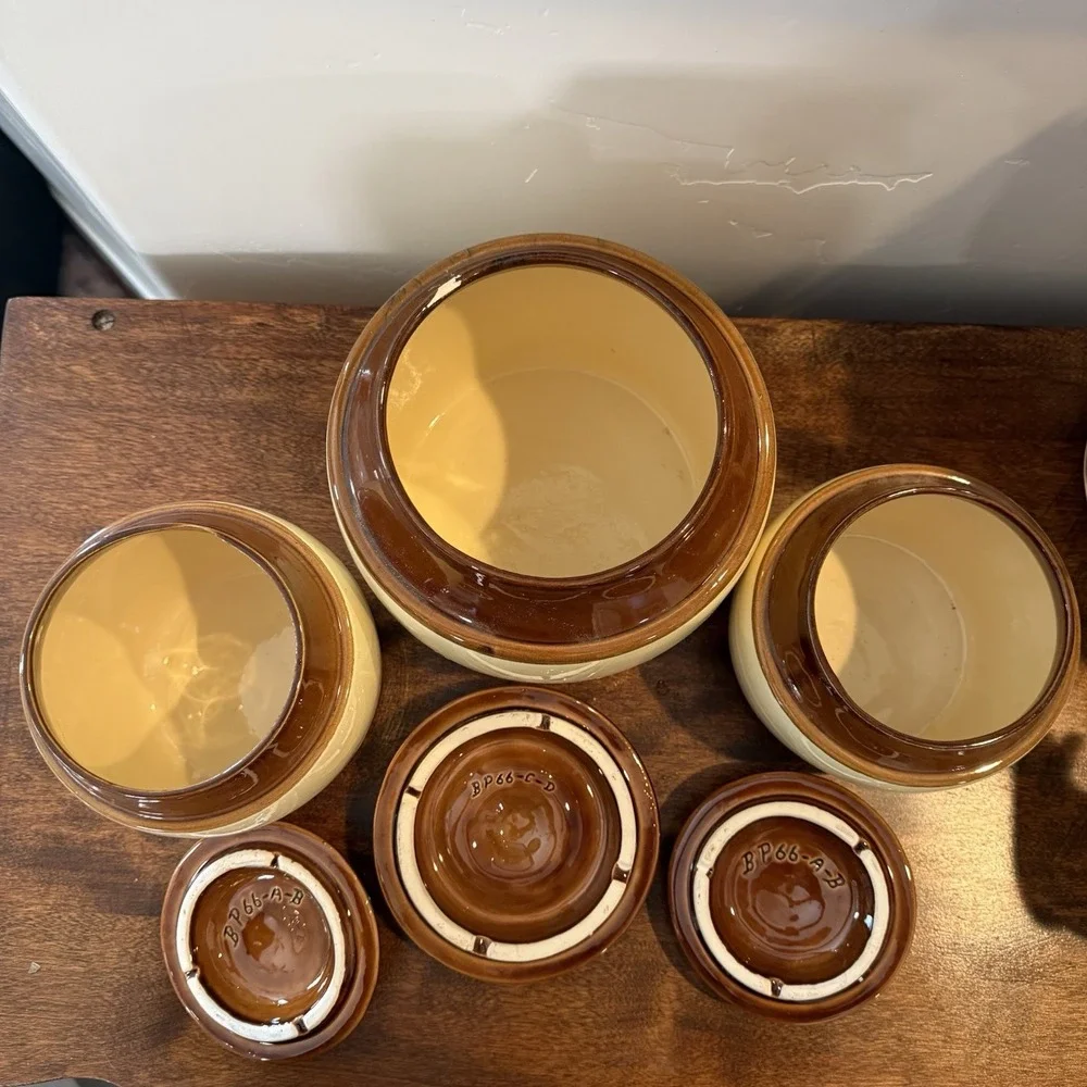 Vintage USA Pottery BP-66 Cream Brown Crocks Set Of 3‎ Bean Pot Cookie Jar